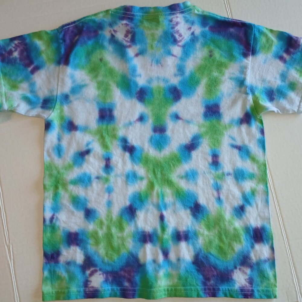 Tie Dye T-Shirt with Groovy Pattern in Indigo Green Blue Short Sleeve Kids Small - Picture 13 of 16